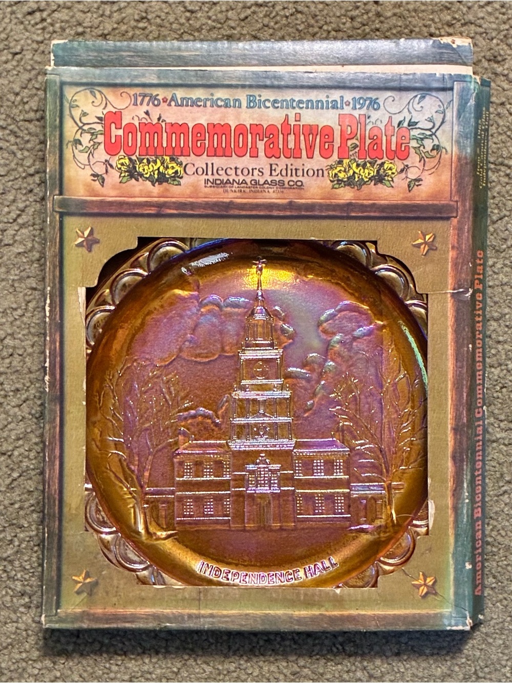 Commemorative Indiana Bicentennial 1976 Carnival Glass Plate Independence Hall